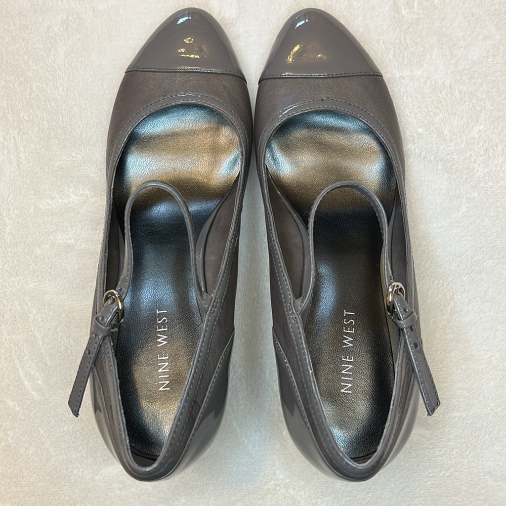 Nine West High Heel Shoes Slate Gray Size 7.5 Patent Toe/Heel Ankle Strap GREAT - Picture 12 of 14